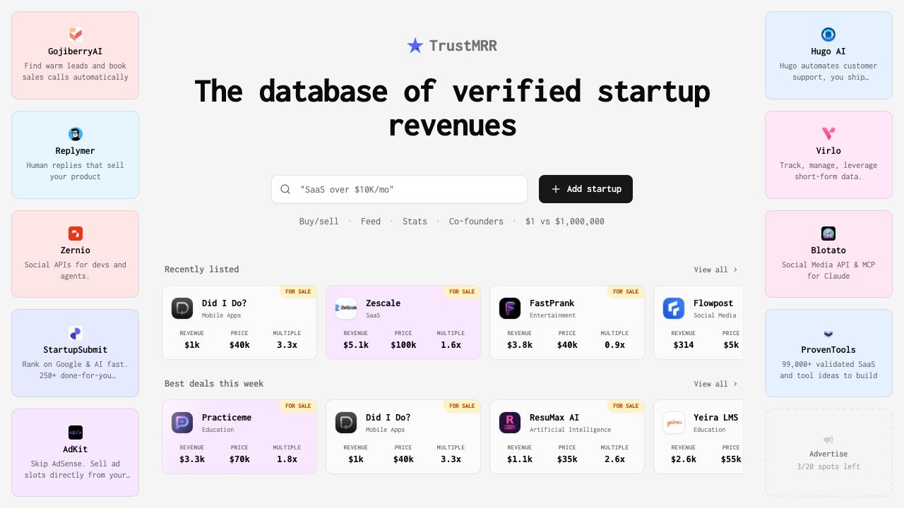 TrustMRR - Verified startup revenue database